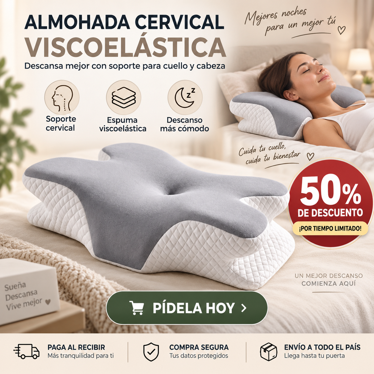 ALMOHADA CERVICAL VISCOELASTICA - DUERME DE LA MEJOR MANERA 😲50% DE DESCUENTO😲