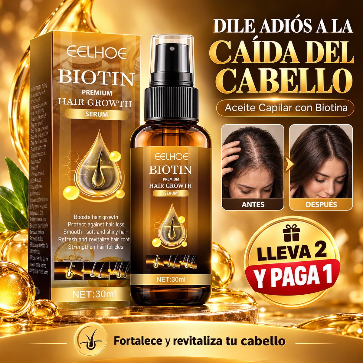 Aceite Capilar con Biotina Eelhoe de 30 ml - DILE ADIÓS A LA CAIDA DEL CABELLO 😲Lleva 2 y Paga 1😲