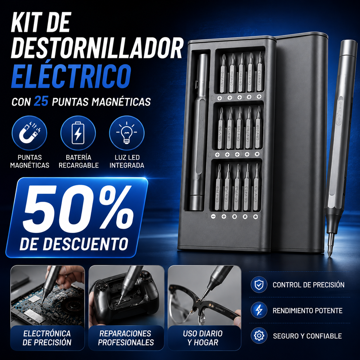 Kit de Destornillador Eléctrico con 25 Puntas Magnéticas - 😱50% DE DESCUENTO😱