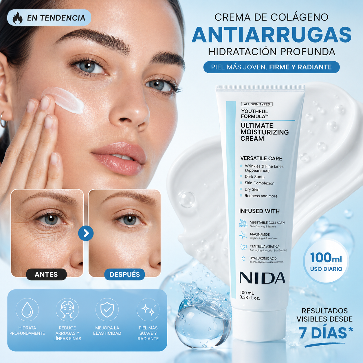 Crema de Colageno Antiarrugas NIDA 100ml - con Niacinamida y Centella Asiática - 😱Lleva 2 y Paga 1😱